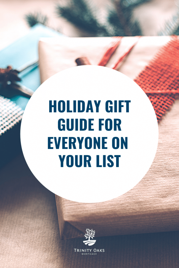 Gifts wrapped with white cirle and dark blue test "Holiday Gift Guide For Everyone On Your List"